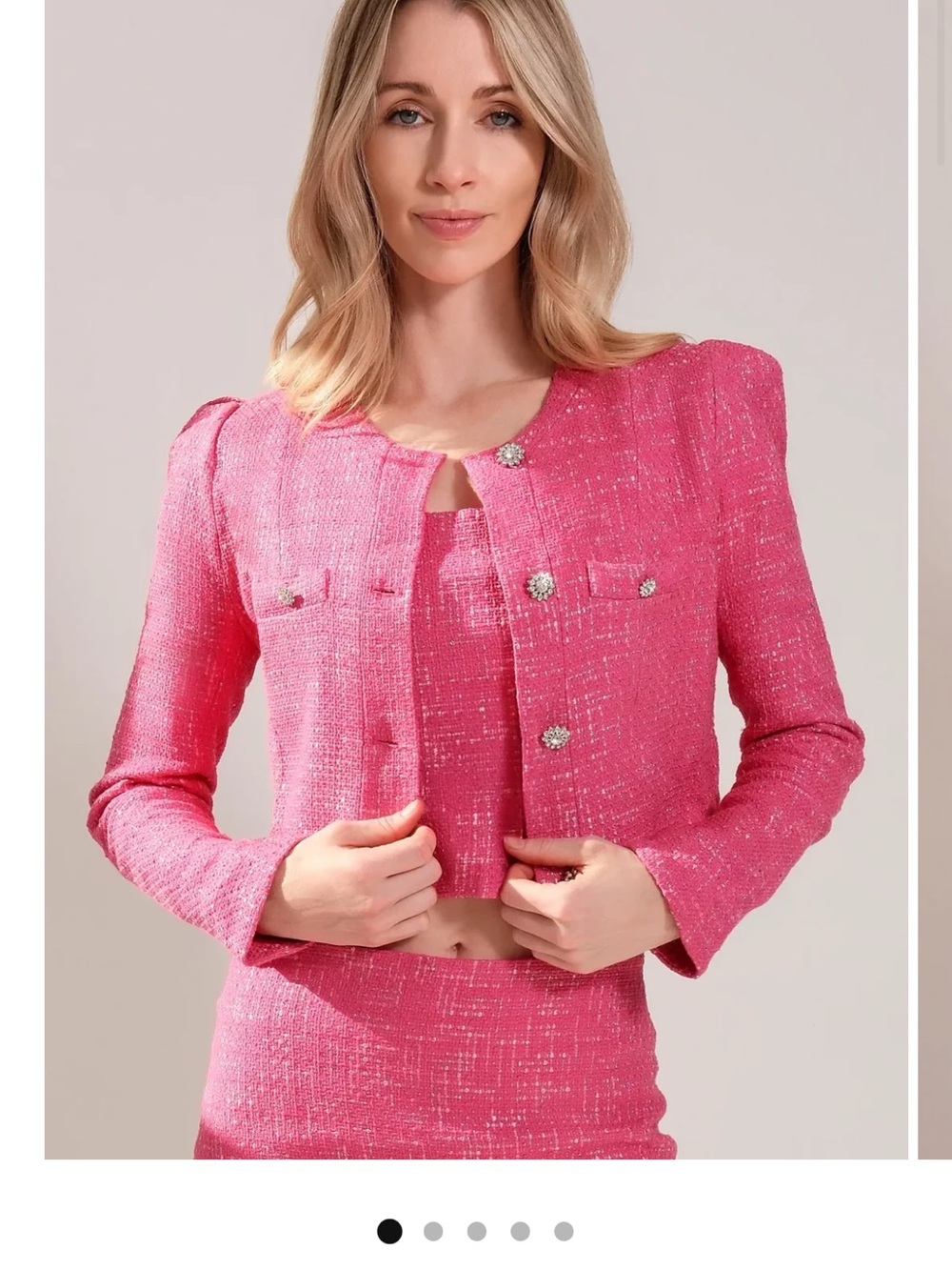 Cropped Pink Tweed Blazer Jacket with Decorative Buttons